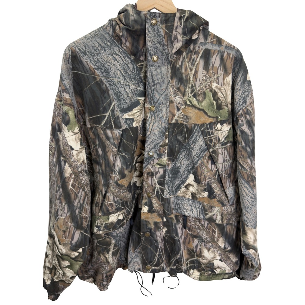 VTG Cabelas Dry-Plus Mossy Oak Camo Packable Hooded Jacket Mens Size XL Hunting